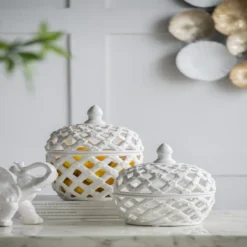 Dexmalle White Ceramic Lidded Jar With Lattice Design -Fradel & Spies GUEST 1ce38a90 5cb3 4bf7 aeb6 116fa38f5639