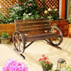 Dexmalle Rustic Patio Weather Resistance 41" Wooden Wagon Wheel Bench