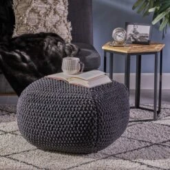 Dexmalle Dark Gray Knitted Cotton Pouf Cube Pouf