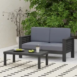 Dexmalle Acacia Wood Outdoor Loveseat And Coffee Table Set With Cushions