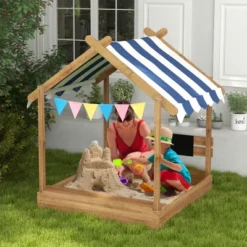 Dexmalle Wooden Sandbox With Canopy House Design For 3-7 Years Old