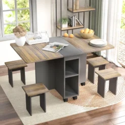 Dexmalle Folding Extendable Dining Table With Open Storage And Wheels Set Of 5