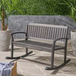 Dexmalle Elegant Patio Slatted Rocking Loveseat With Armrests