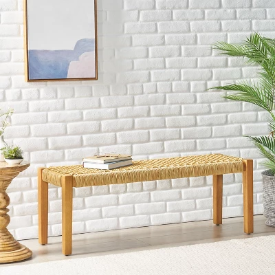 Dexmalle Traditional Acacia Wood Bench With Rattan Top,Patio 4 Dexmalle Traditional Acacia Wood Bench With Rattan Top,Patio - Image 2