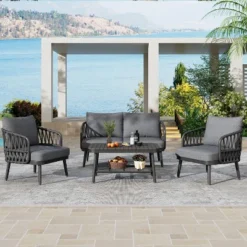 Dexmalle 4-Piece Outdoor Patio Furniture Set,Metal Chairs With Woven Rope U-Shaped Backrest With Thick Cushions And Coffee Table -Fradel & Spies GUEST 738a3017 ce62 48fc 8daa 8f97e64b9102