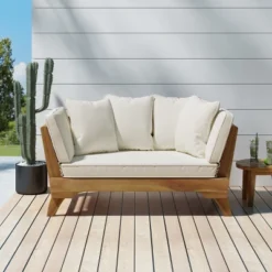 Dexmalle Teak Expandable Acacia Wood Patio Couch With Adjustable Armrests And 4Pillows