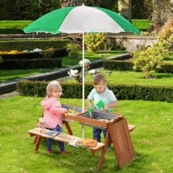 Dexmalle Kids Picnic Table With Umbrella And Storage Inside