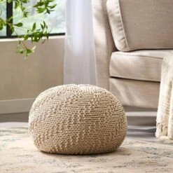 Dexmalle Beige Hazel Round Soft Rattan Surface Pouf