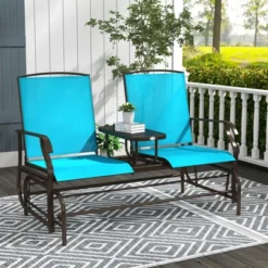 Dexmalle Blue Outdoor Glider Bench With Center Table